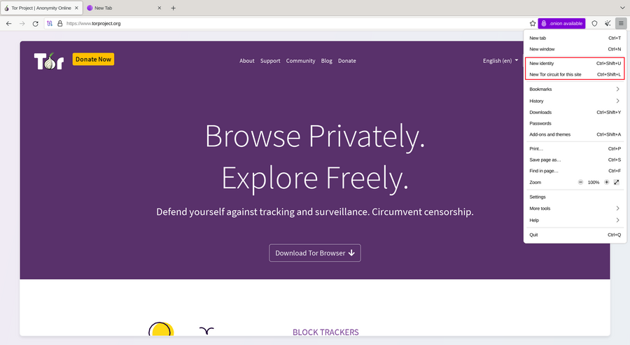 Ana menü altındaki Kimliği yenile ve Sitenin Tor devresini yenile seçenekleri